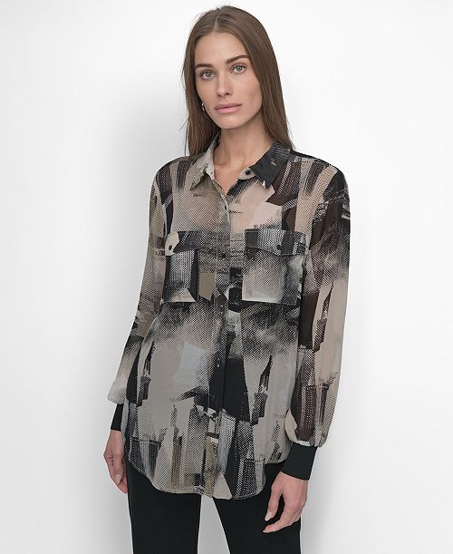 alfani DKNY Women's Button-Front Printed Chiffon Blouse Women's Fashion Shoes & Accessories