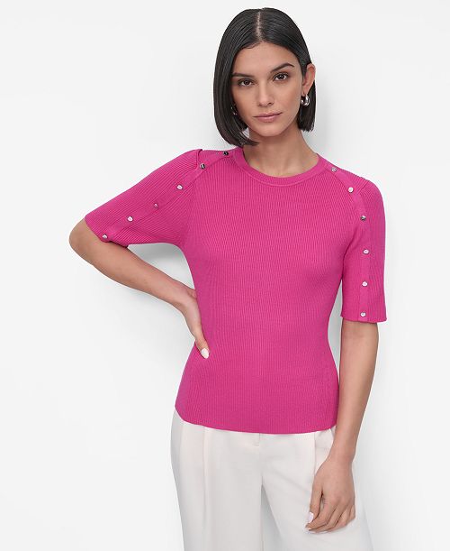 alfani DKNY Women's Button-Shoulder Elbow-Sleeve Sweater Women's Fashion Shoes & Accessories