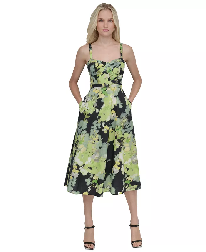 Alfani DKNY Women's Cotton Corset Belted Midi Dress Women's Fashion Shoes & Accessories