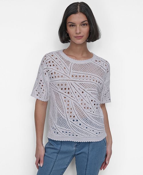 alfani DKNY Women's Cotton Short-Sleeve Crochet Sweater Women's Fashion Shoes & Accessories