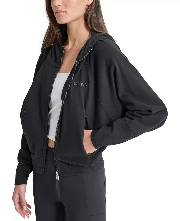 Alfani DKNY Women's Embroidered-Logo Cropped Zip-Front Fleece Hoodie Women's Fashion Shoes & Accessories
