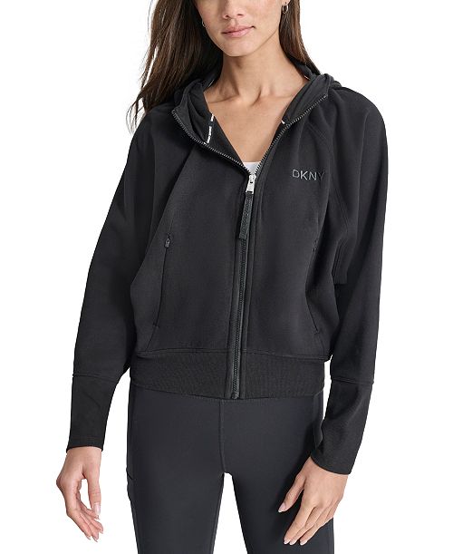 alfani DKNY Women's Embroidered-Logo Cropped Zip-Front Fleece Hoodie Women's Fashion Shoes & Accessories
