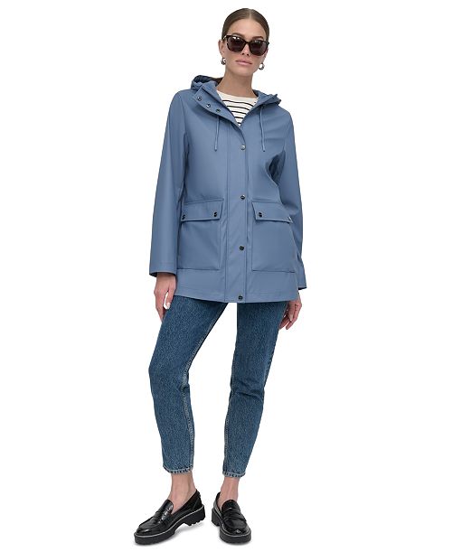 alfani DKNY Women's Hooded Zip-Front Water-Resistant Raincoat Women's Fashion Shoes & Accessories