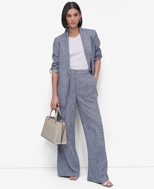 alfani DKNY Women's Linen-Blend Blazer Crewneck Sleeveless Top & Wide-Leg Pants Women's Fashion Shoes & Accessories