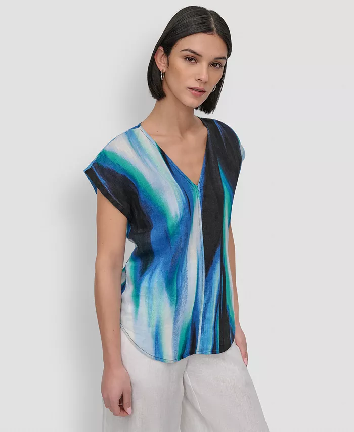 Alfani DKNY Women's Linen Printed V-Neck Top Women's Fashion Shoes & Accessories