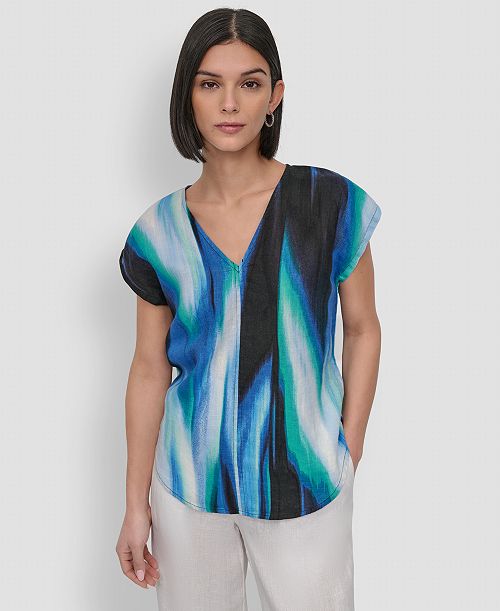 alfani DKNY Women's Linen Printed V-Neck Top Women's Fashion Shoes & Accessories
