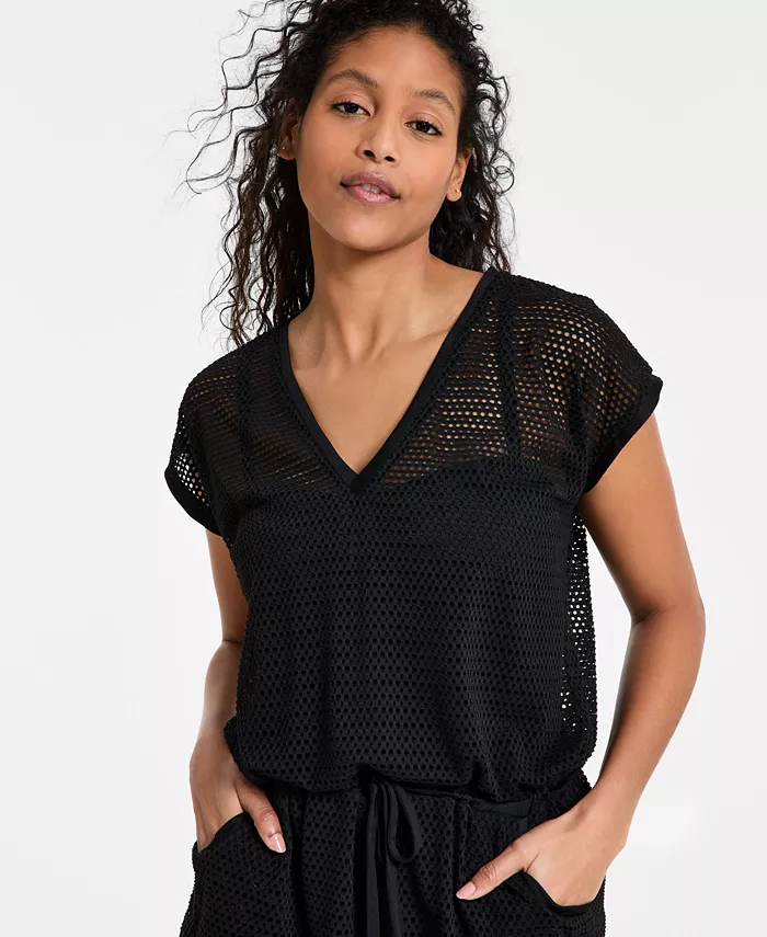 Alfani DKNY Women's Mesh Drawstring Tunic Swim Cover-Up Women's Fashion Shoes & Accessories