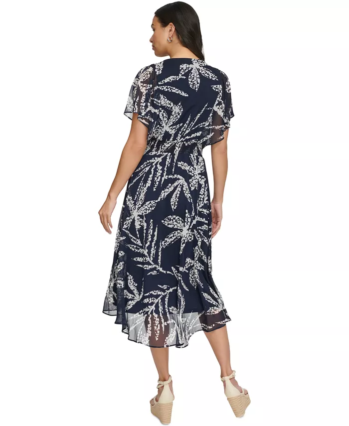 Alfani DKNY Women's Printed Chiffon Flutter-Sleeve Midi Dress Women's Fashion Shoes & Accessories