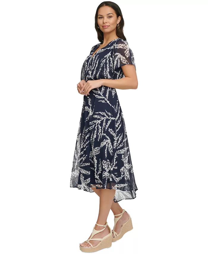 Alfani DKNY Women's Printed Chiffon Flutter-Sleeve Midi Dress Women's Fashion Shoes & Accessories