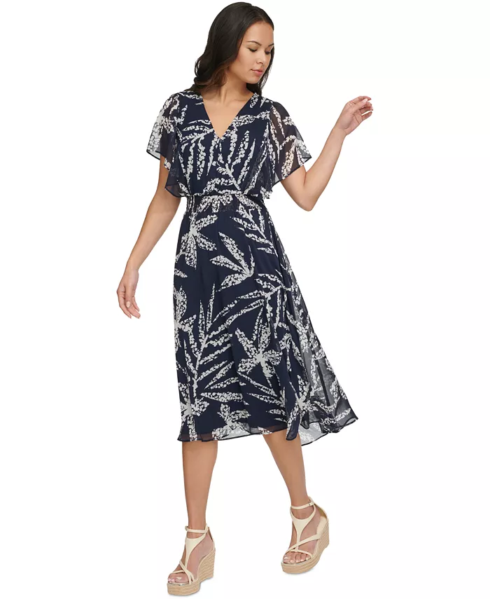 Alfani DKNY Women's Printed Chiffon Flutter-Sleeve Midi Dress Women's Fashion Shoes & Accessories