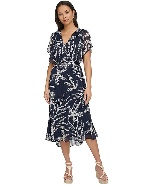 alfani DKNY Women's Printed Chiffon Flutter-Sleeve Midi Dress Women's Fashion Shoes & Accessories