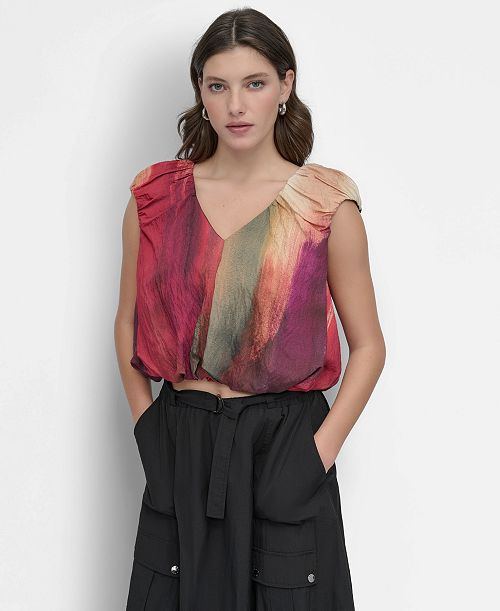 alfani DKNY Women's Rumpled Abstract-Print Blouse Women's Fashion Shoes & Accessories