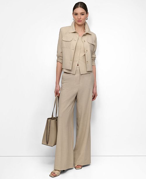 alfani DKNY Women's Seersucker Square-Neck Bustier Top Seersucker Button-Front Cropped Jacket & Seersucker High Rise Wide-Leg Pants Women's Fashion Shoes & Accessories