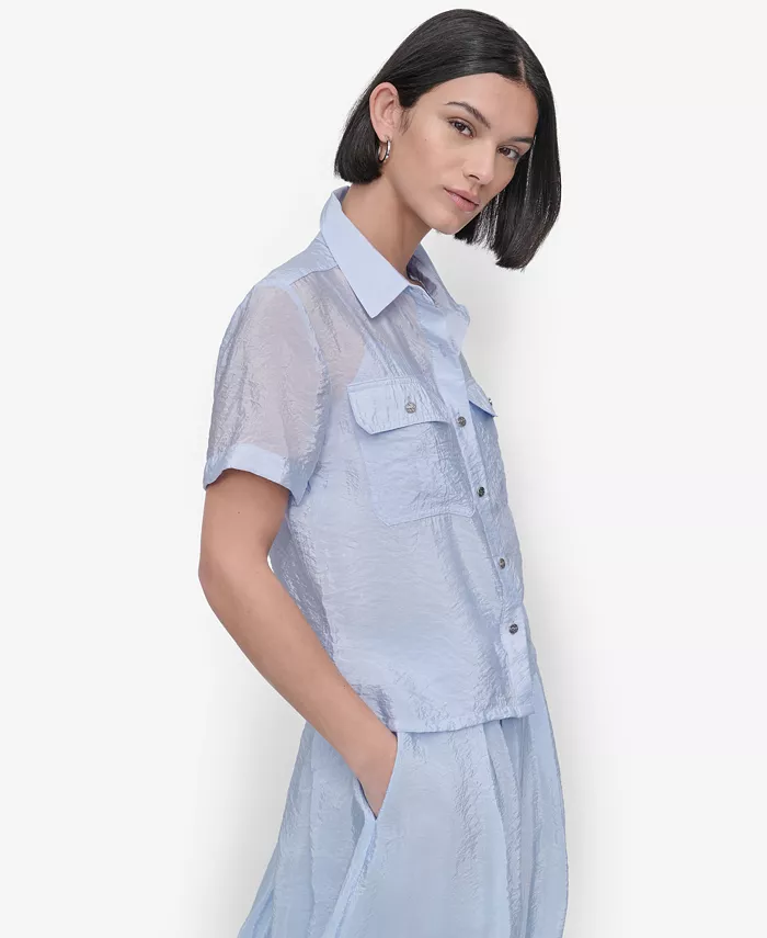 Alfani DKNY Women's Short-Sleeve Button-Front Tech Shirt Women's Fashion Shoes & Accessories