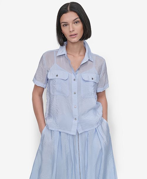 alfani DKNY Women's Short-Sleeve Button-Front Tech Shirt Women's Fashion Shoes & Accessories