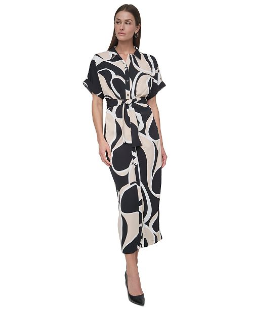alfani DKNY Women's Short-Sleeve Tie-Waist Button-Front Dress Women's Fashion Shoes & Accessories