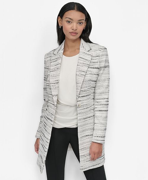 alfani DKNY Women's Tweed Notch-Collar One-Button Long Blazer Women's Fashion Shoes & Accessories