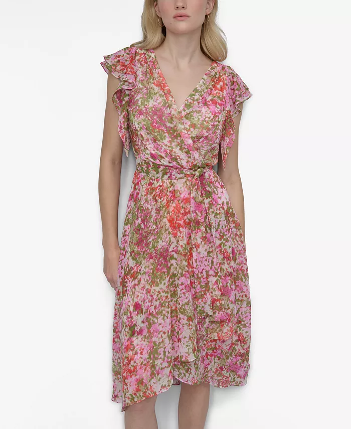 Alfani DKNY Women's V-Neck Flutter-Sleeve Faux-Wrap Dress Women's Fashion Shoes & Accessories