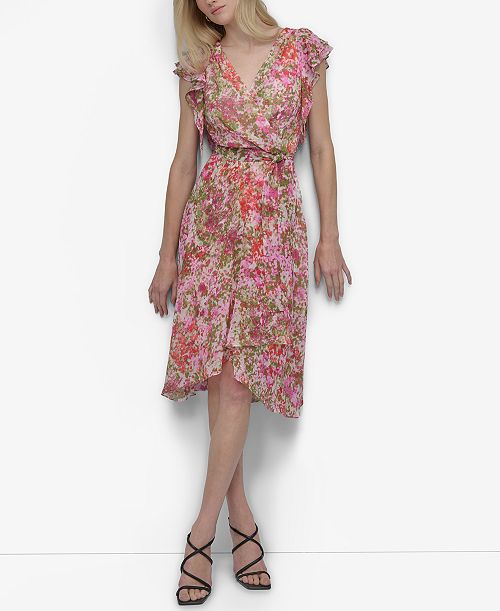 alfani DKNY Women's V-Neck Flutter-Sleeve Faux-Wrap Dress Women's Fashion Shoes & Accessories