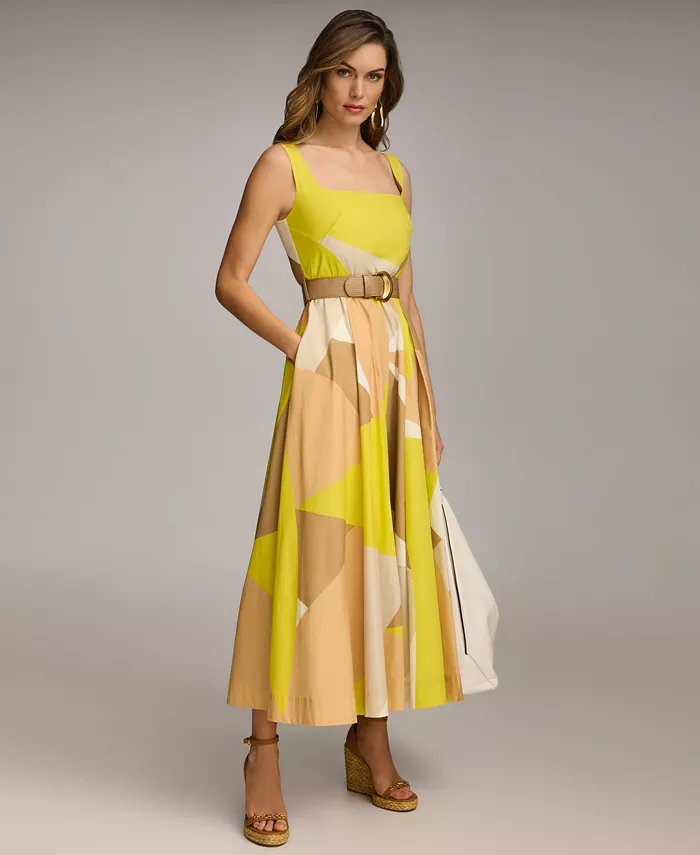 Alfani Donna Karan New York Donna Karan Women's Square-Neck Buckled Sleeveless Midi Dress Women's Fashion Shoes & Accessories