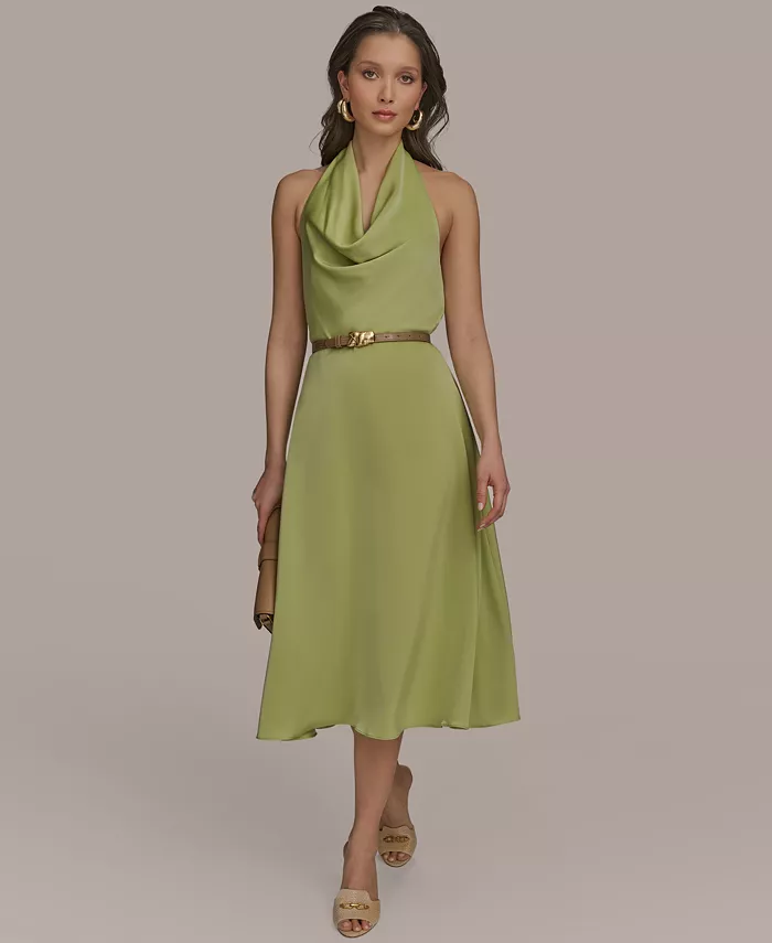 Alfani Donna Karan New York Petite Satin Belted Cowlneck Midi Dress Women's Fashion Shoes & Accessories