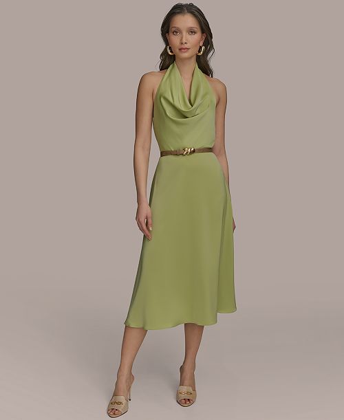 alfani Donna Karan New York Petite Satin Belted Cowlneck Midi Dress Women's Fashion Shoes & Accessories