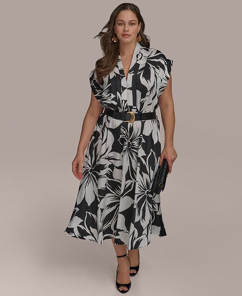 alfani Donna Karan New York Plus Size Printed Belted A-Line Dress Women's Fashion Shoes & Accessories