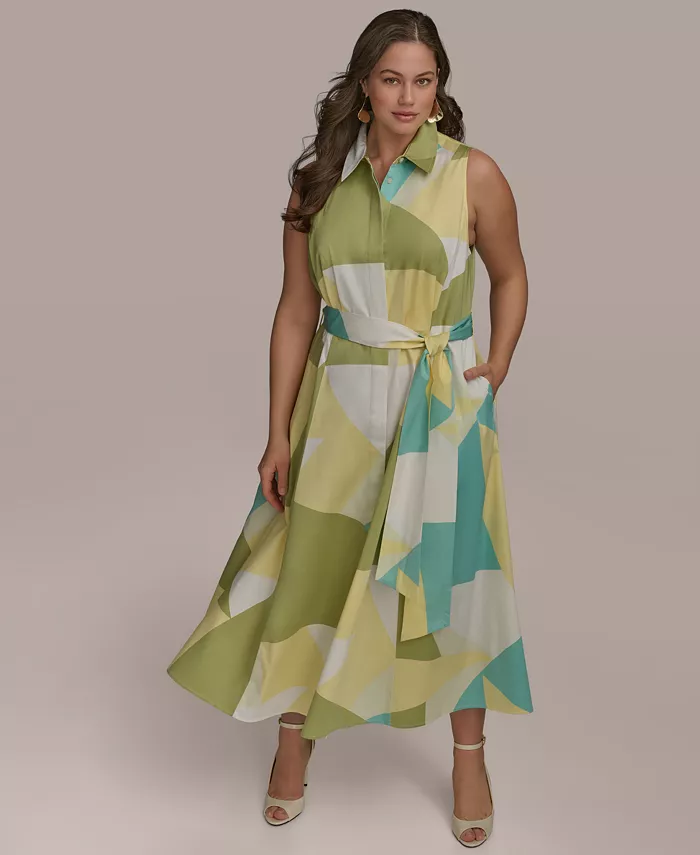 Alfani Donna Karan New York Plus Size Printed Tie-Waist Sleeveless Shirtdress Women's Fashion Shoes & Accessories