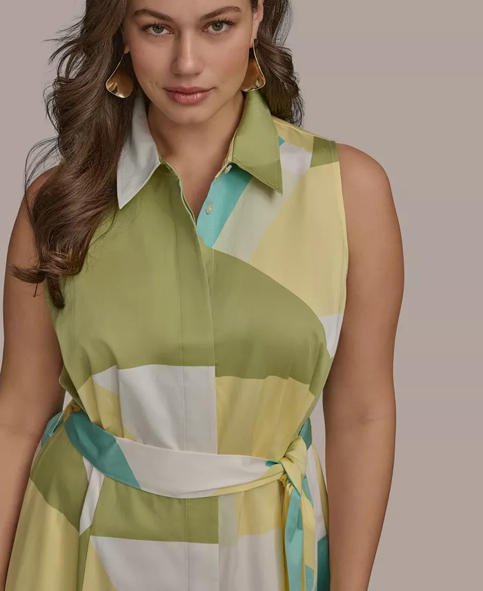 Alfani Donna Karan New York Plus Size Printed Tie-Waist Sleeveless Shirtdress Women's Fashion Shoes & Accessories