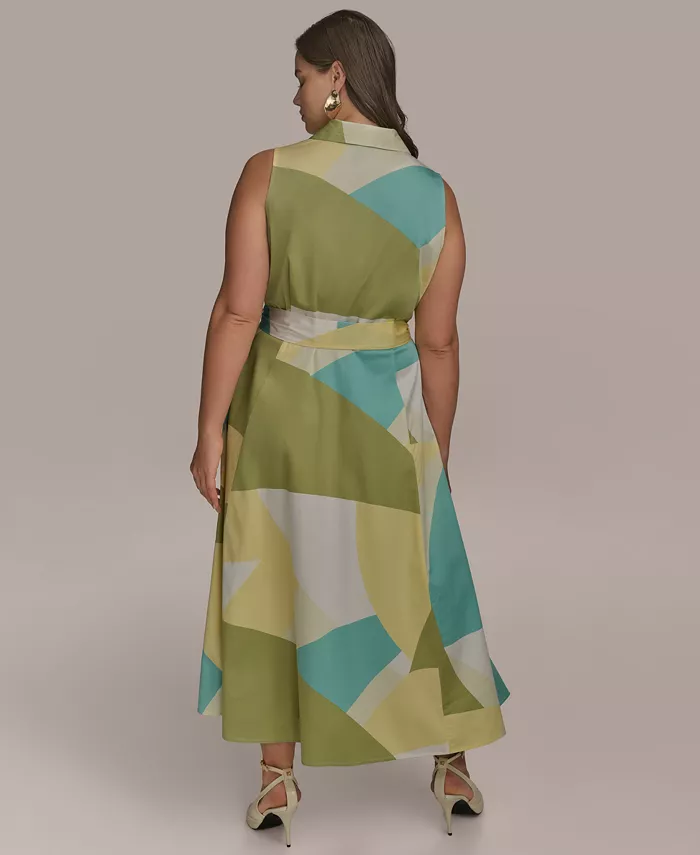 Alfani Donna Karan New York Plus Size Printed Tie-Waist Sleeveless Shirtdress Women's Fashion Shoes & Accessories