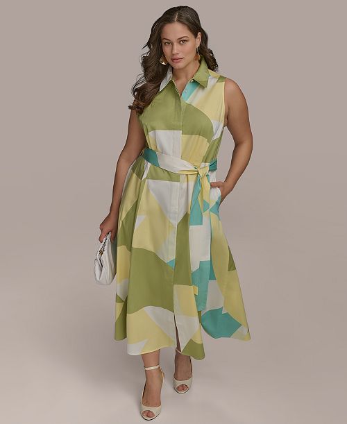 alfani Donna Karan New York Plus Size Printed Tie-Waist Sleeveless Shirtdress Women's Fashion Shoes & Accessories