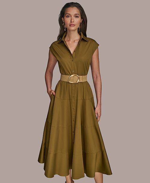 alfani Donna Karan New York Women's Belted Cap-Sleeve Dress Women's Fashion Shoes & Accessories