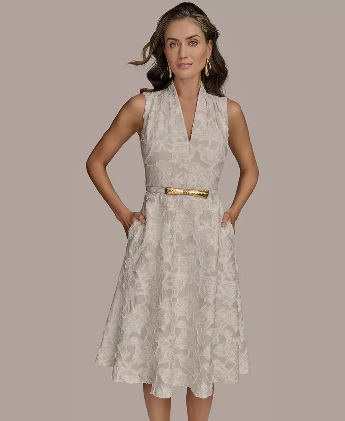 Alfani Donna Karan New York Women's Belted Jacquard Dress Women's Fashion Shoes & Accessories