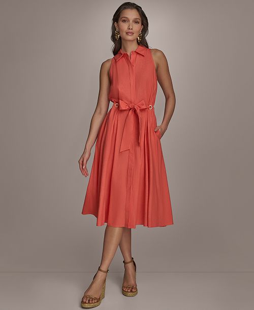 alfani Donna Karan New York Women's Belted Linen Shirt Dress Women's Fashion Shoes & Accessories