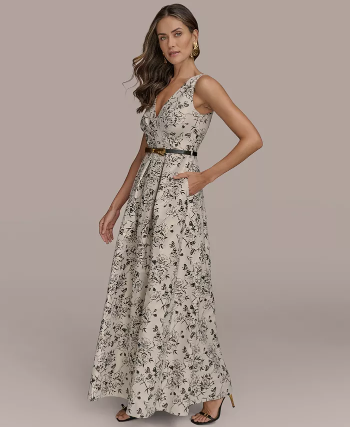 Alfani Donna Karan New York Women's Belted V-Neck Jacquard Ball Gown Women's Fashion Shoes & Accessories