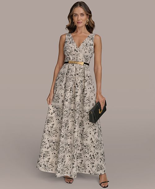 alfani Donna Karan New York Women's Belted V-Neck Jacquard Ball Gown Women's Fashion Shoes & Accessories