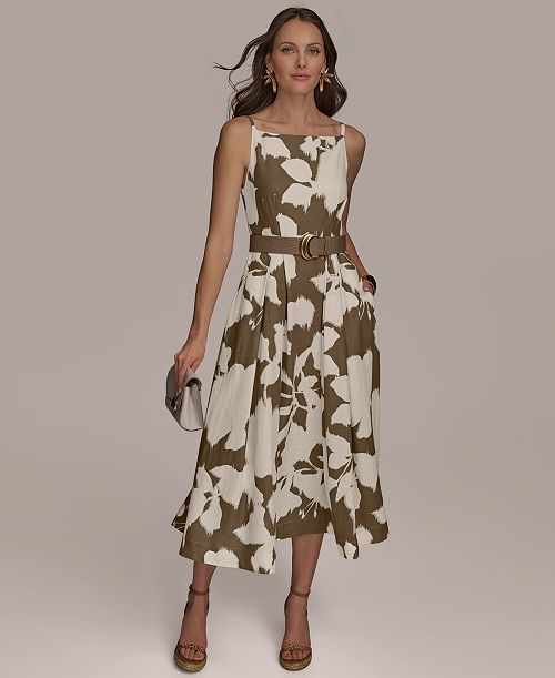 alfani Donna Karan New York Women's Boat-Neck Linen Midi Dress Women's Fashion Shoes & Accessories