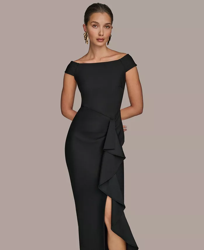 Alfani Donna Karan New York Women's Boat-neck Ruffle Slit Gown Women's Fashion Shoes & Accessories