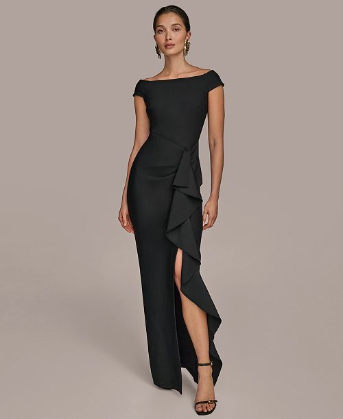 alfani Donna Karan New York Women's Boat-neck Ruffle Slit Gown Women's Fashion Shoes & Accessories