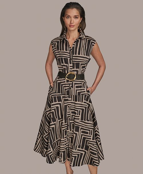 alfani Donna Karan New York Women's Cap Sleeve Printed Shirt Dress Women's Fashion Shoes & Accessories