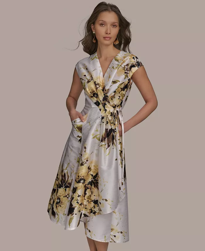 Alfani Donna Karan New York Women's Floral Faux-Wrap Midi Dress Women's Fashion Shoes & Accessories
