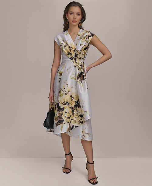 alfani Donna Karan New York Women's Floral Faux-Wrap Midi Dress Women's Fashion Shoes & Accessories