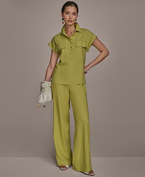 alfani Donna Karan New York Women's Linen-Blend Cap Sleeve Collared Shirt & Wide-Leg Pants Women's Fashion Shoes & Accessories