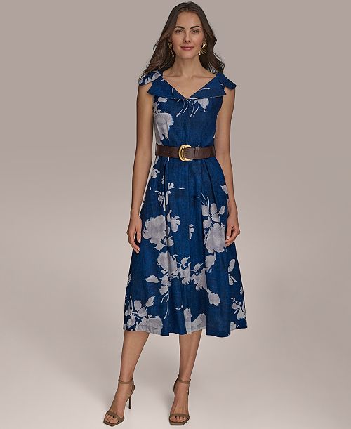 alfani Donna Karan New York Women's Linen-Blend Floral Midi Dress Women's Fashion Shoes & Accessories