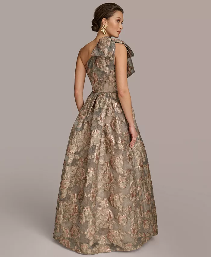Alfani Donna Karan New York Women's Metallic Jacquard One-shoulder Bow Floral Ball Gown Women's Fashion Shoes & Accessories
