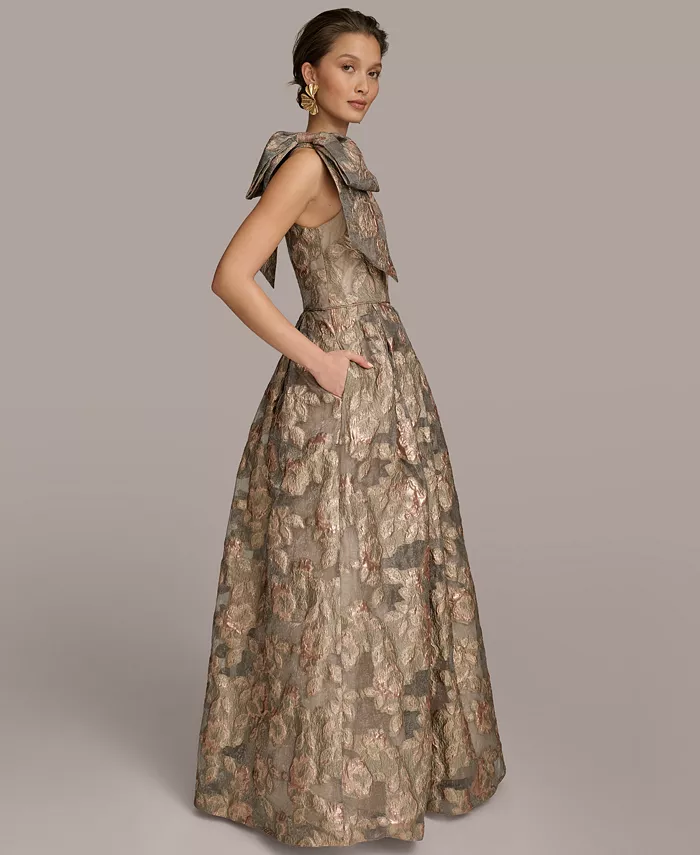 Alfani Donna Karan New York Women's Metallic Jacquard One-shoulder Bow Floral Ball Gown Women's Fashion Shoes & Accessories