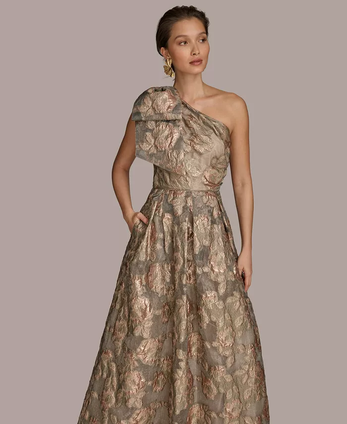 Alfani Donna Karan New York Women's Metallic Jacquard One-shoulder Bow Floral Ball Gown Women's Fashion Shoes & Accessories