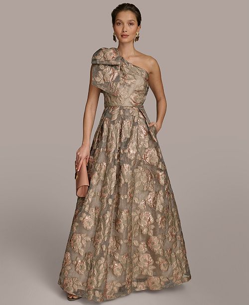 alfani Donna Karan New York Women's Metallic Jacquard One-shoulder Bow Floral Ball Gown Women's Fashion Shoes & Accessories