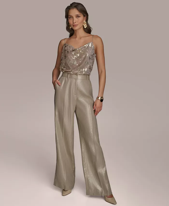 Alfani Donna Karan New York Women's Metallic Linen Wide-Leg Pants Women's Fashion Shoes & Accessories
