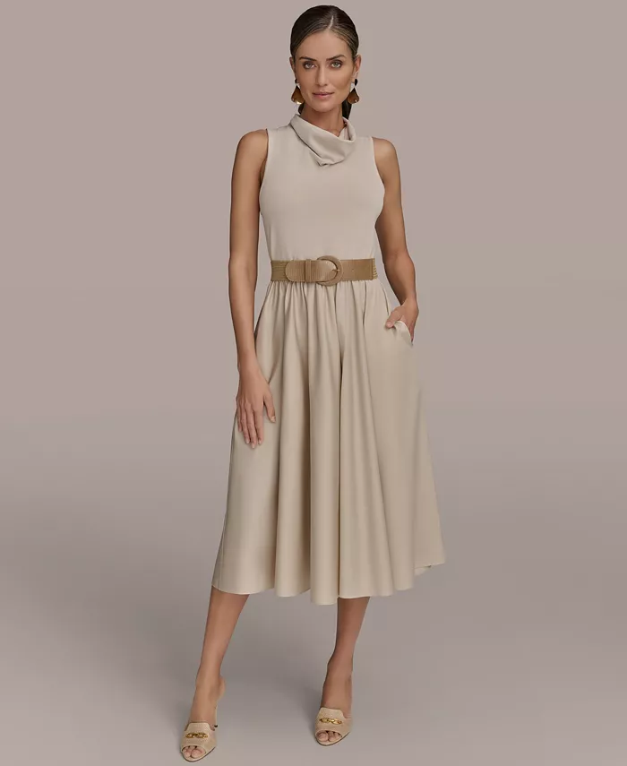 Alfani Donna Karan New York Women's Mixed-Media Belted Midi Dress Women's Fashion Shoes & Accessories